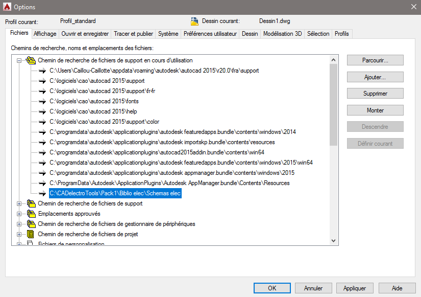 chemins d'installations menu CADelectroTools
