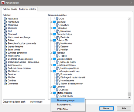 installation palettes outils création du groupe de palettes