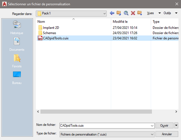 installation menu CADpidTools charger fichier personnalisation cuix