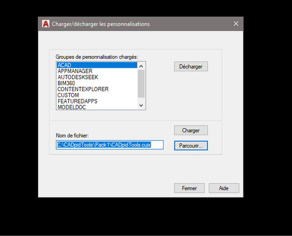 installation menu CADpidTools charger fichier personnalisation cuix