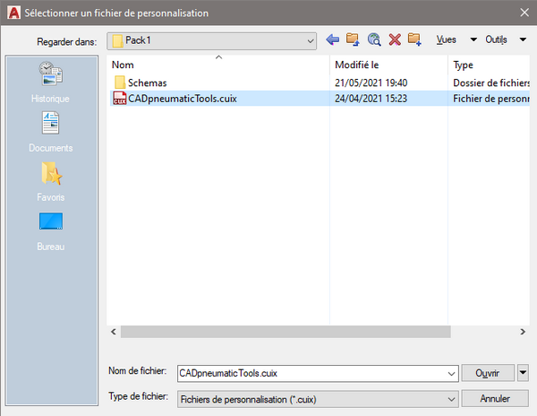 installation menu CADpneumaticTools charger fichier personnalisation cuix