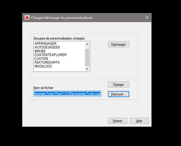 installation menu CADpneumaticTools charger fichier personnalisation cuix