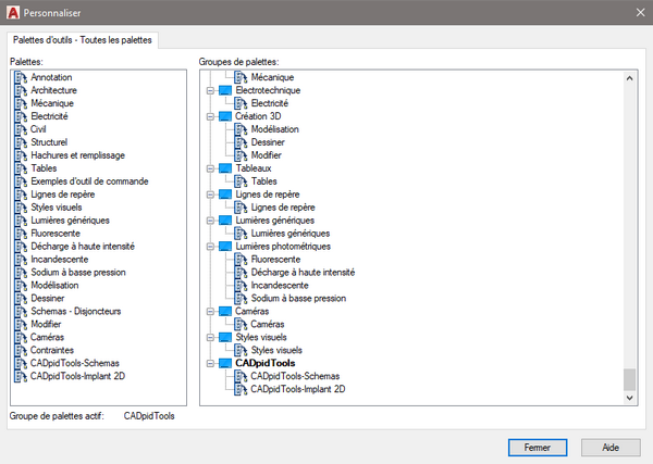 Installation palettes outils CADpidTools personnaliser le groupe