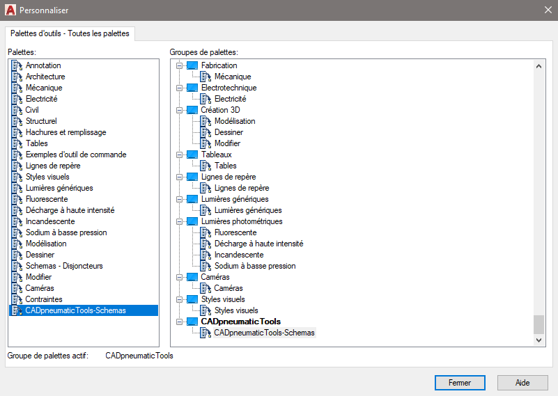 Installation palettes outils CADpneumaticTools personnaliser le groupe